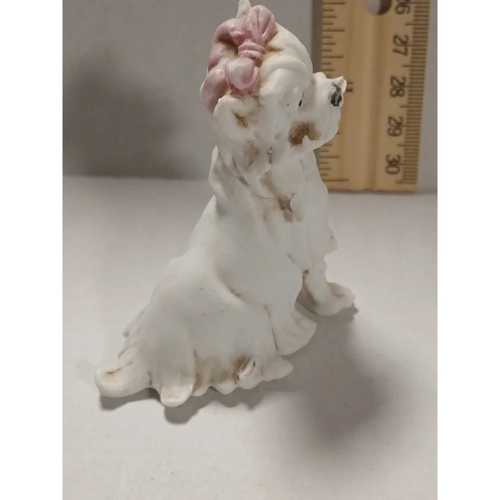 Antique Porcelain‎ White Pink Bow Dog Italian Figurine, Tiche Company,